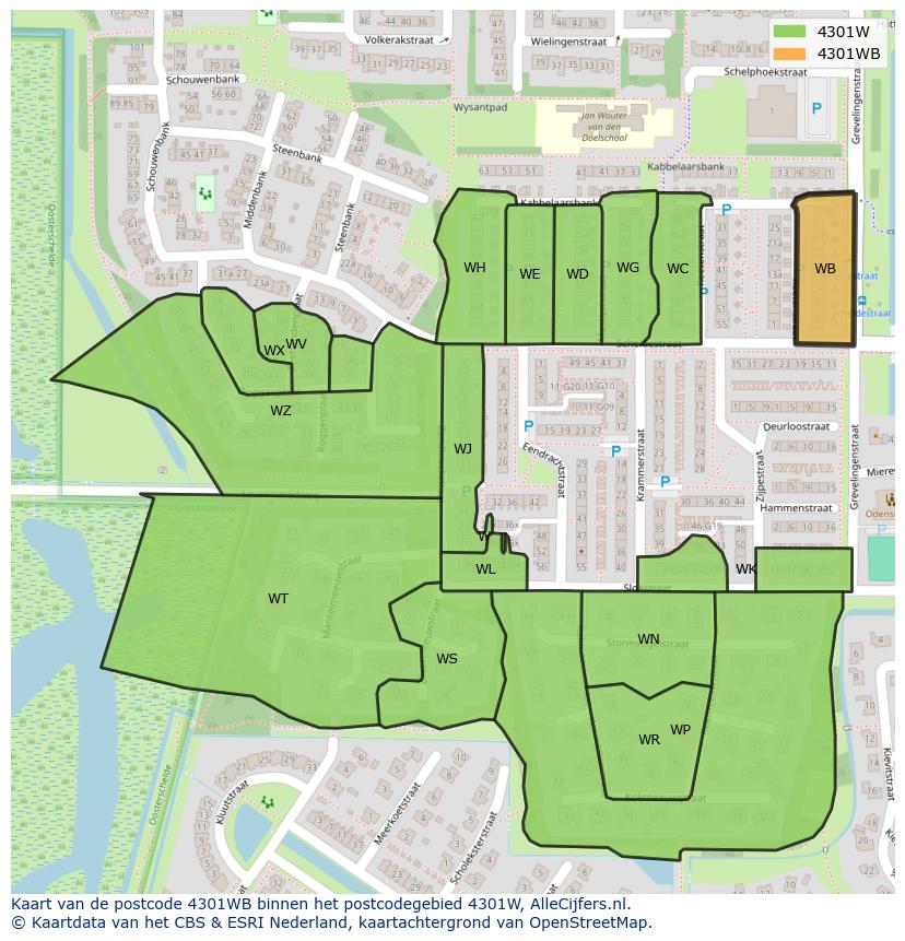 Afbeelding van het postcodegebied 4301 WB op de kaart.