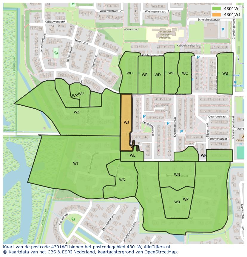 Afbeelding van het postcodegebied 4301 WJ op de kaart.
