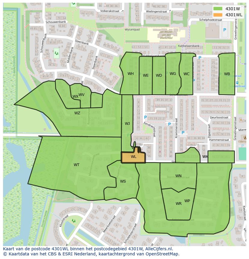 Afbeelding van het postcodegebied 4301 WL op de kaart.