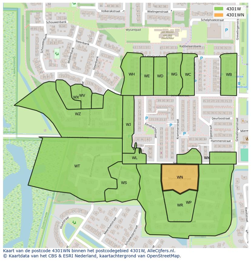 Afbeelding van het postcodegebied 4301 WN op de kaart.