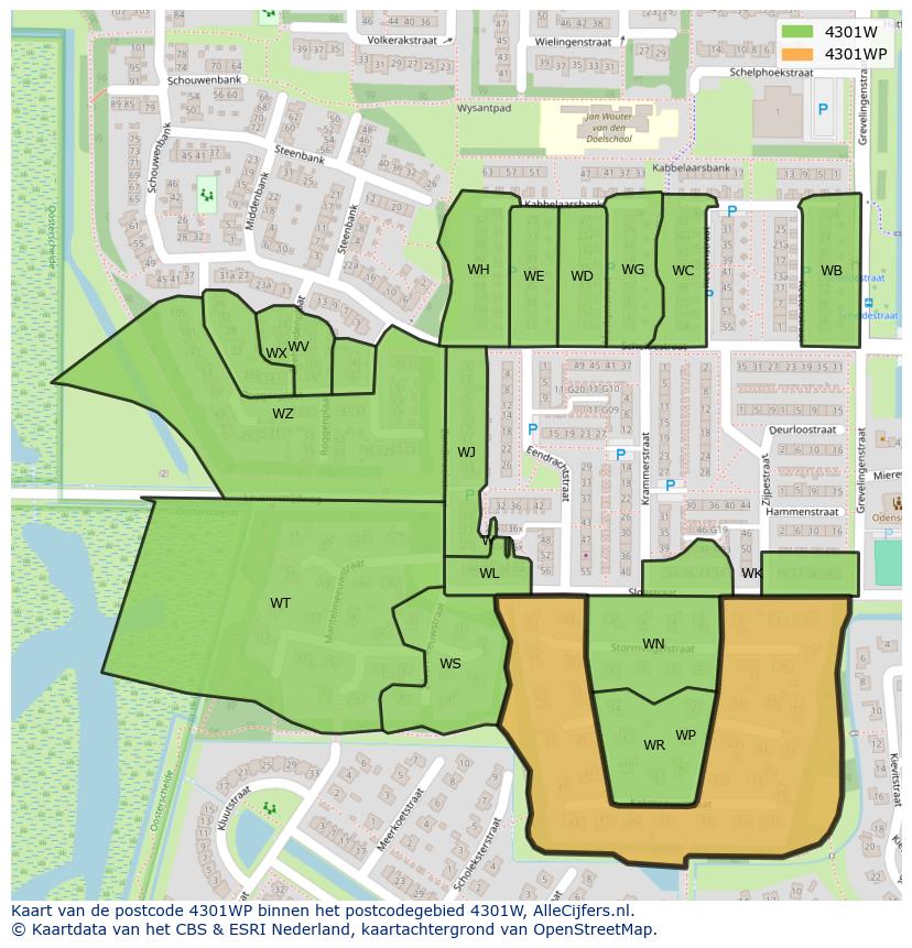 Afbeelding van het postcodegebied 4301 WP op de kaart.