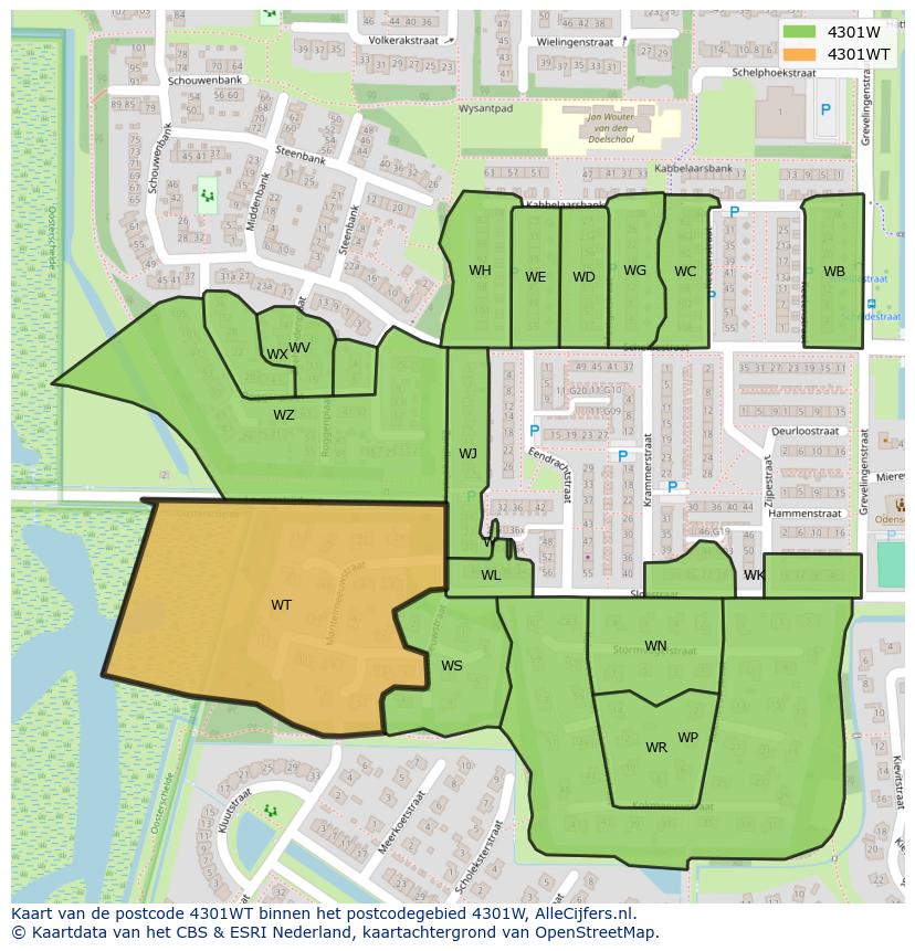 Afbeelding van het postcodegebied 4301 WT op de kaart.