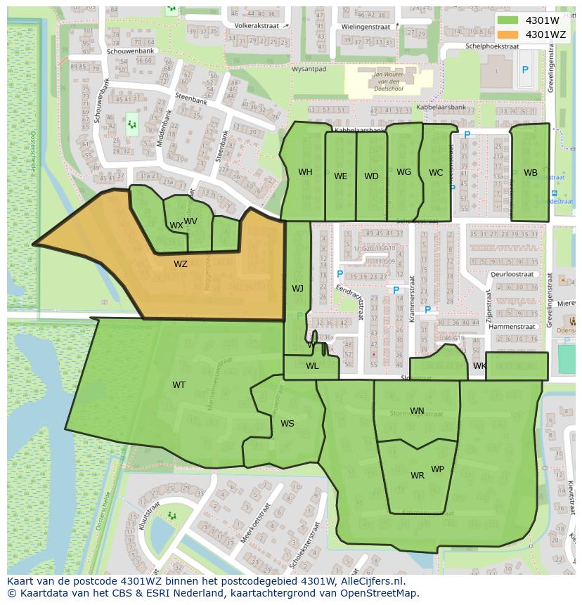 Afbeelding van het postcodegebied 4301 WZ op de kaart.