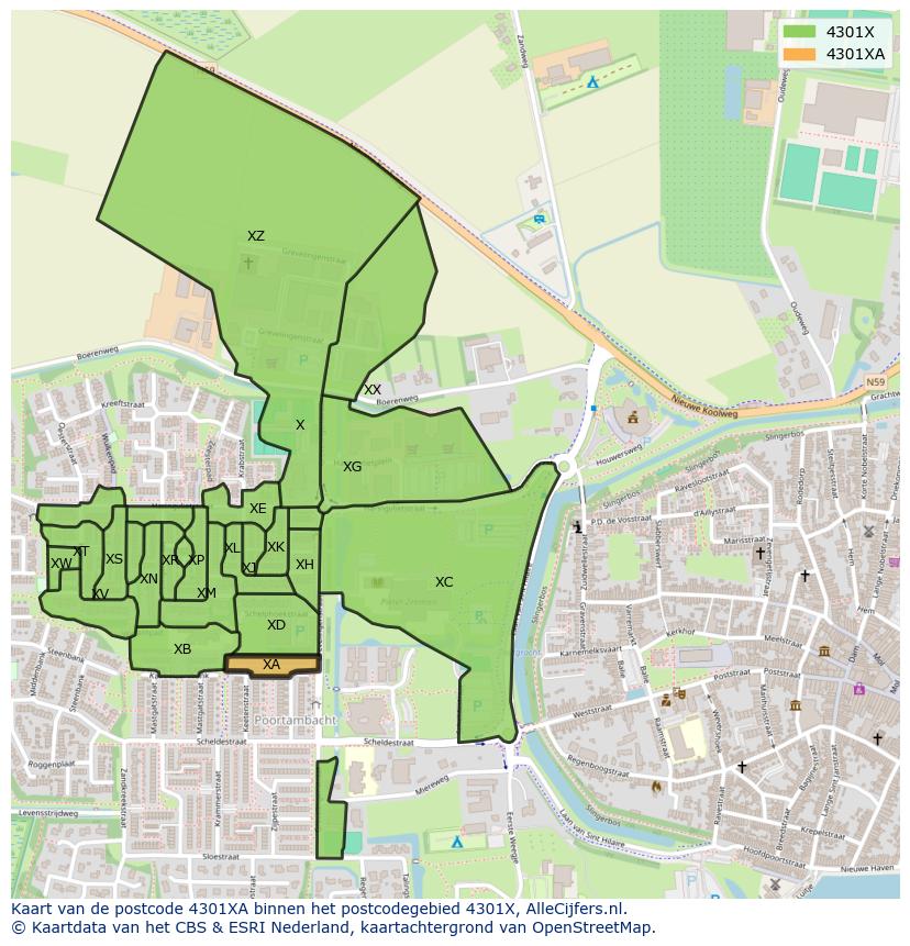 Afbeelding van het postcodegebied 4301 XA op de kaart.