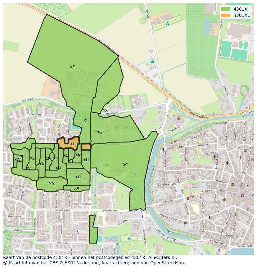 Afbeelding van het postcodegebied 4301 XE op de kaart.