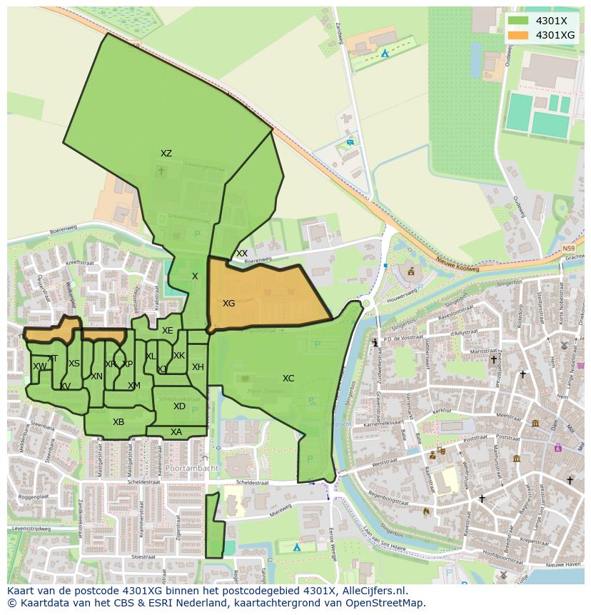 Afbeelding van het postcodegebied 4301 XG op de kaart.