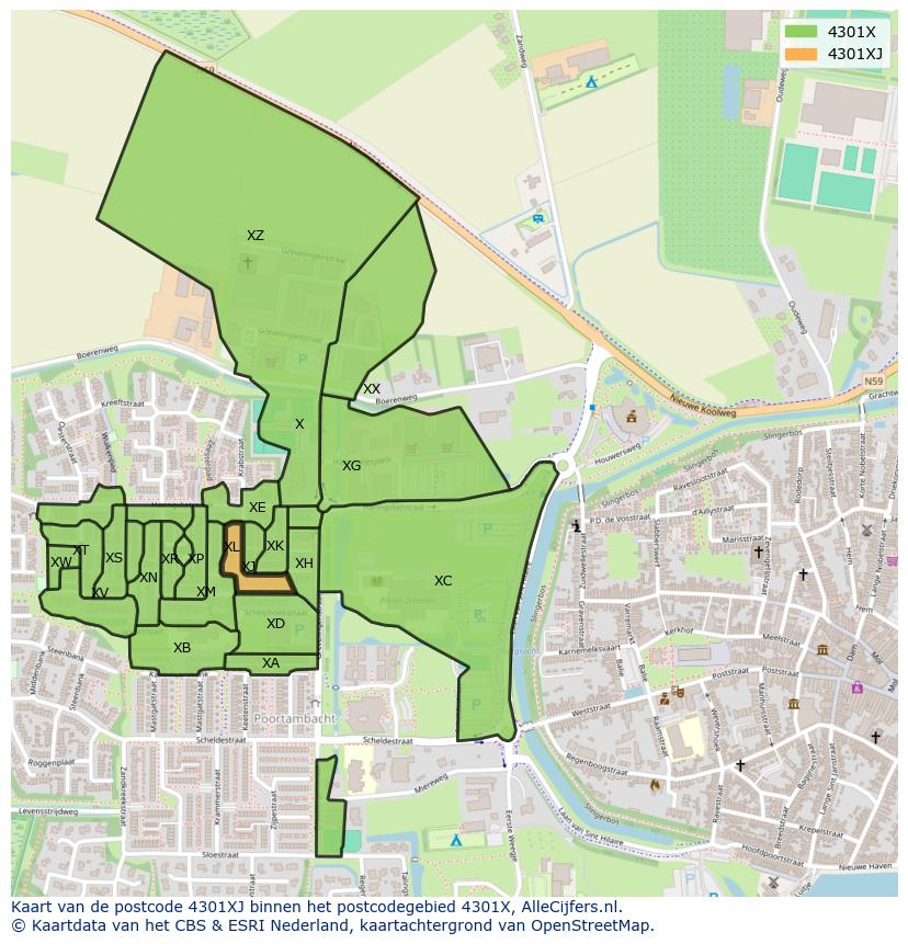 Afbeelding van het postcodegebied 4301 XJ op de kaart.