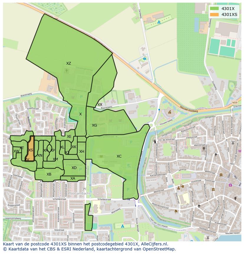 Afbeelding van het postcodegebied 4301 XS op de kaart.