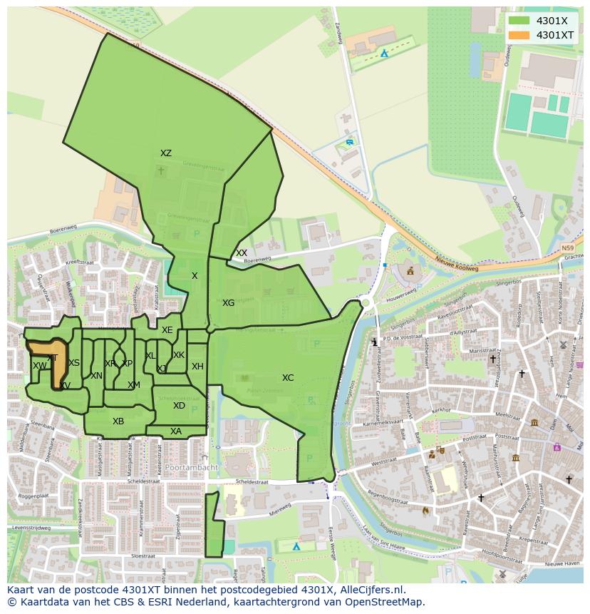 Afbeelding van het postcodegebied 4301 XT op de kaart.