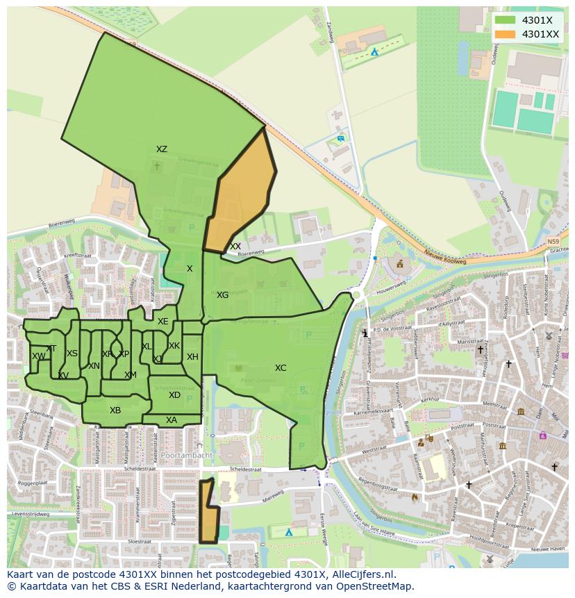 Afbeelding van het postcodegebied 4301 XX op de kaart.
