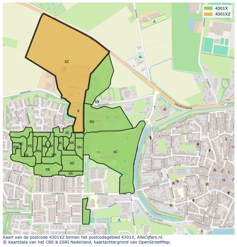 Afbeelding van het postcodegebied 4301 XZ op de kaart.