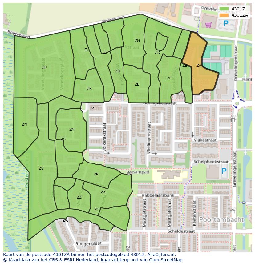 Afbeelding van het postcodegebied 4301 ZA op de kaart.