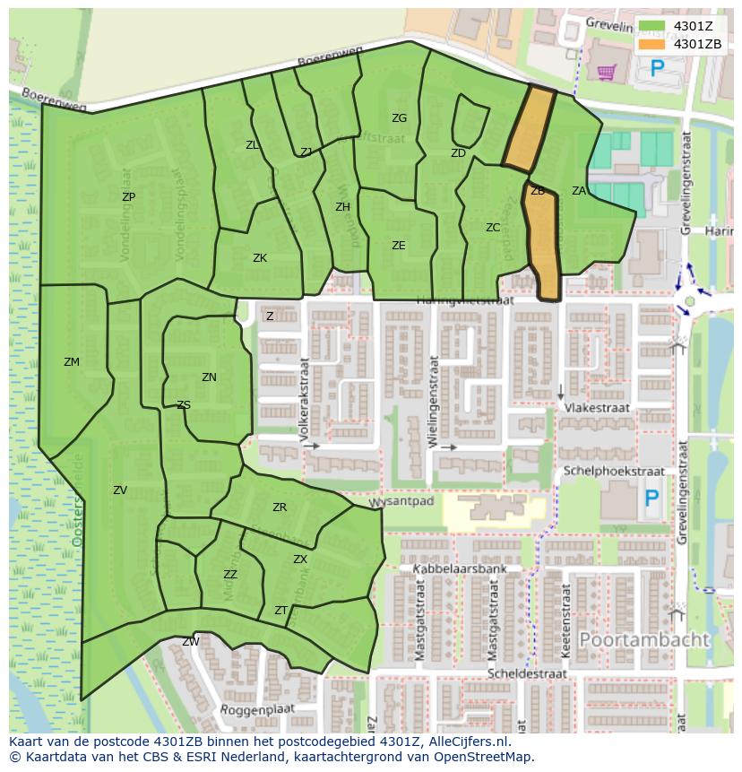 Afbeelding van het postcodegebied 4301 ZB op de kaart.