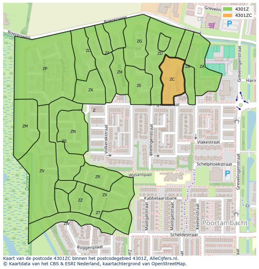 Afbeelding van het postcodegebied 4301 ZC op de kaart.