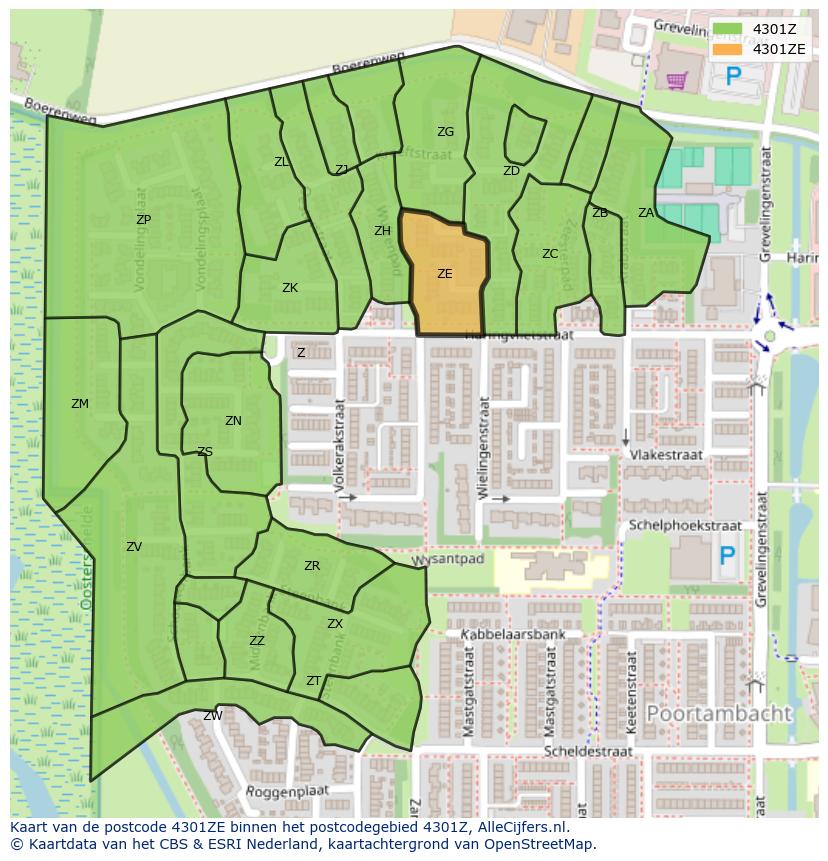 Afbeelding van het postcodegebied 4301 ZE op de kaart.