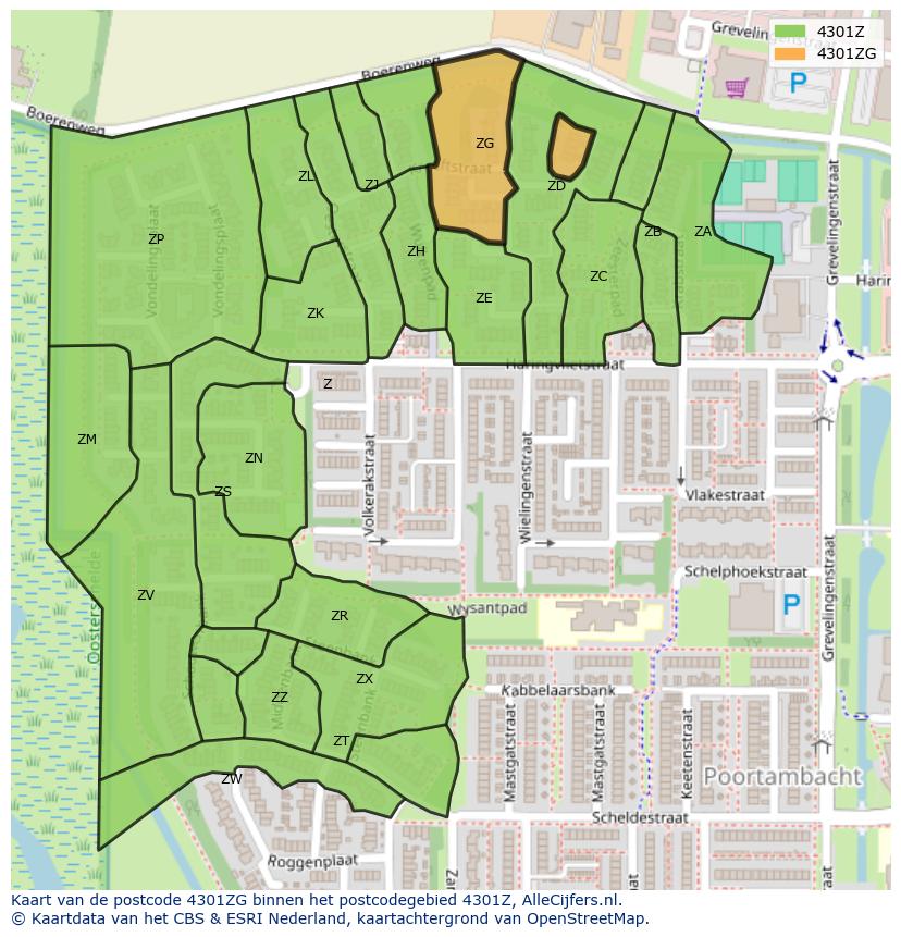 Afbeelding van het postcodegebied 4301 ZG op de kaart.