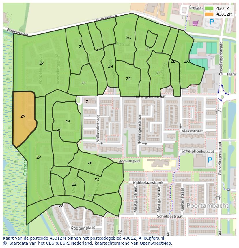 Afbeelding van het postcodegebied 4301 ZM op de kaart.