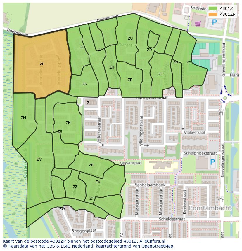 Afbeelding van het postcodegebied 4301 ZP op de kaart.