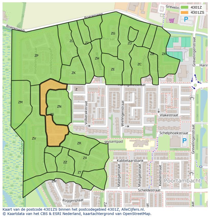 Afbeelding van het postcodegebied 4301 ZS op de kaart.