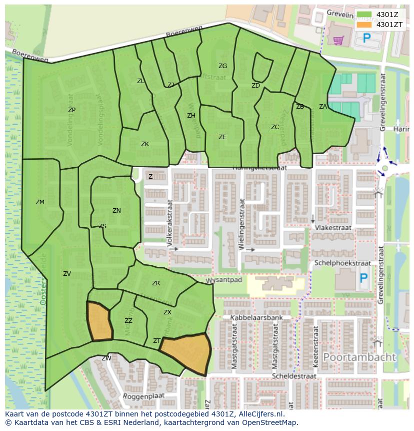 Afbeelding van het postcodegebied 4301 ZT op de kaart.