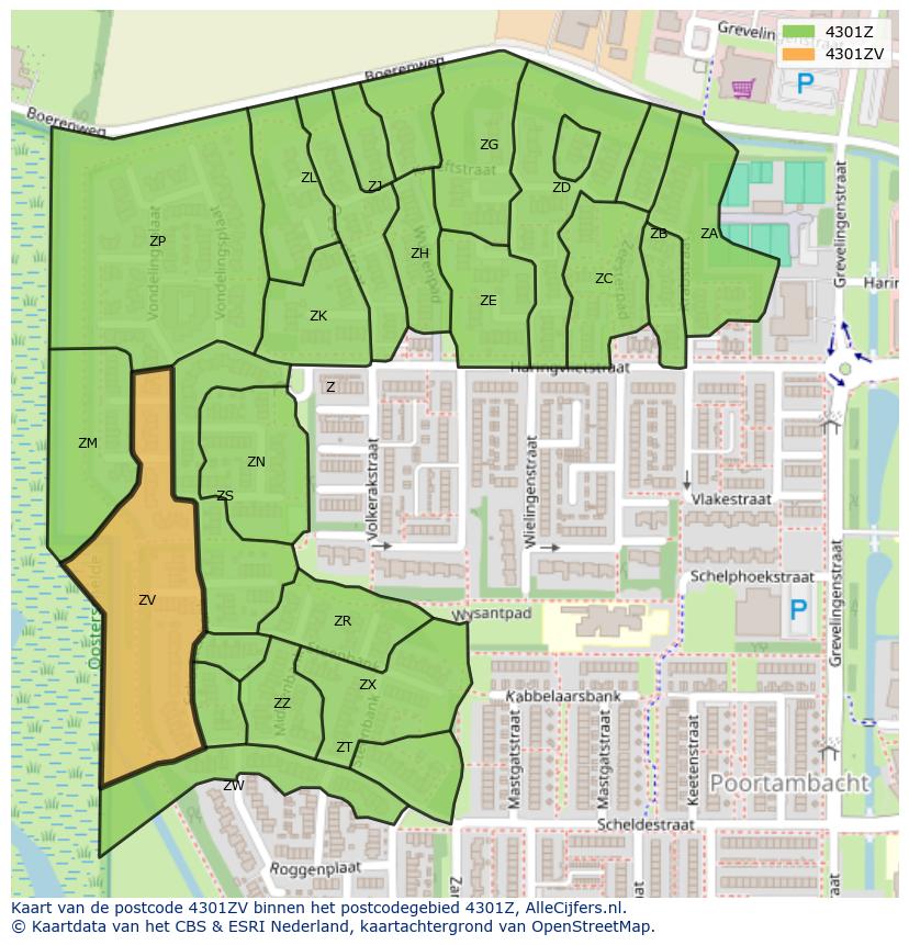 Afbeelding van het postcodegebied 4301 ZV op de kaart.