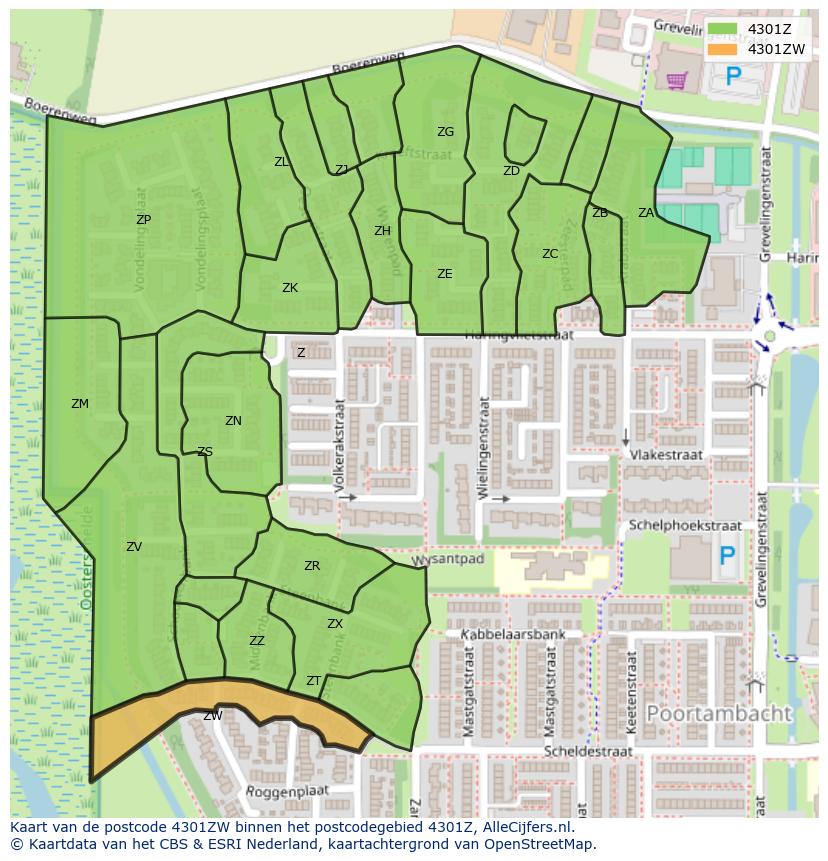 Afbeelding van het postcodegebied 4301 ZW op de kaart.