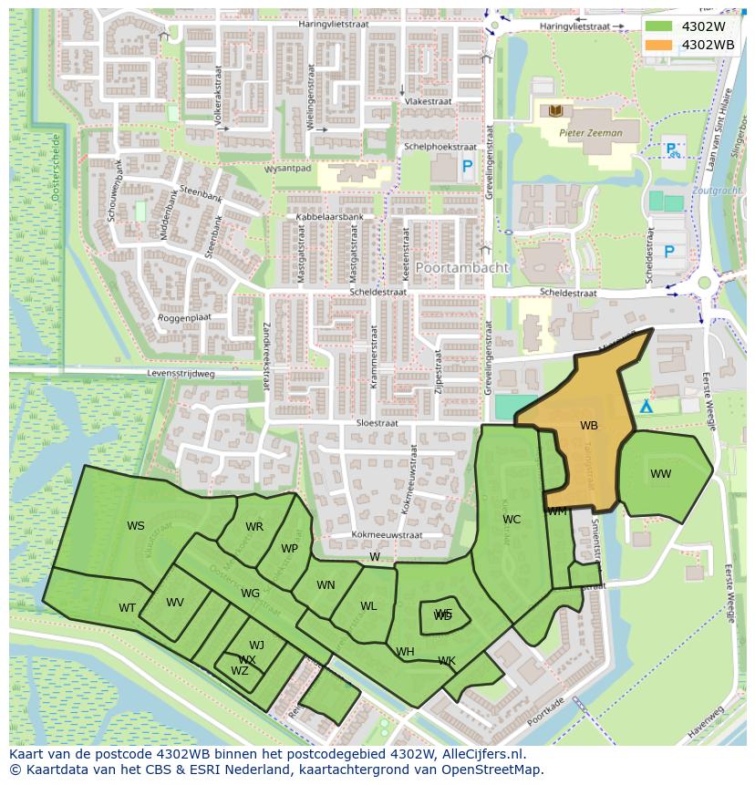 Afbeelding van het postcodegebied 4302 WB op de kaart.