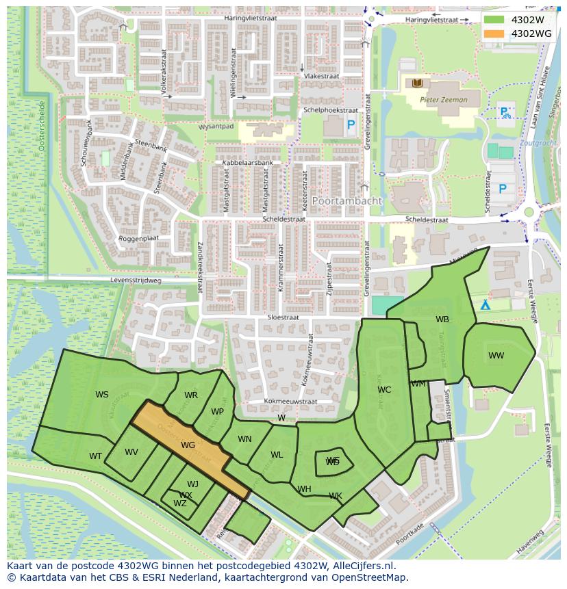 Afbeelding van het postcodegebied 4302 WG op de kaart.