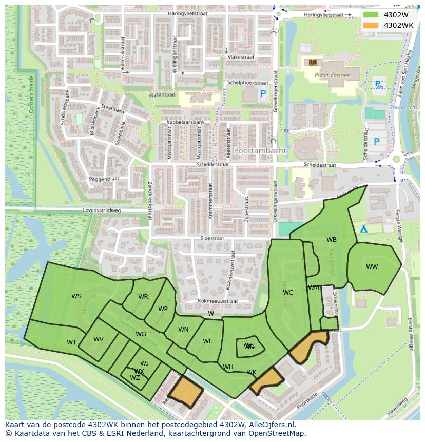 Afbeelding van het postcodegebied 4302 WK op de kaart.
