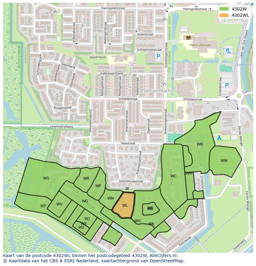 Afbeelding van het postcodegebied 4302 WL op de kaart.