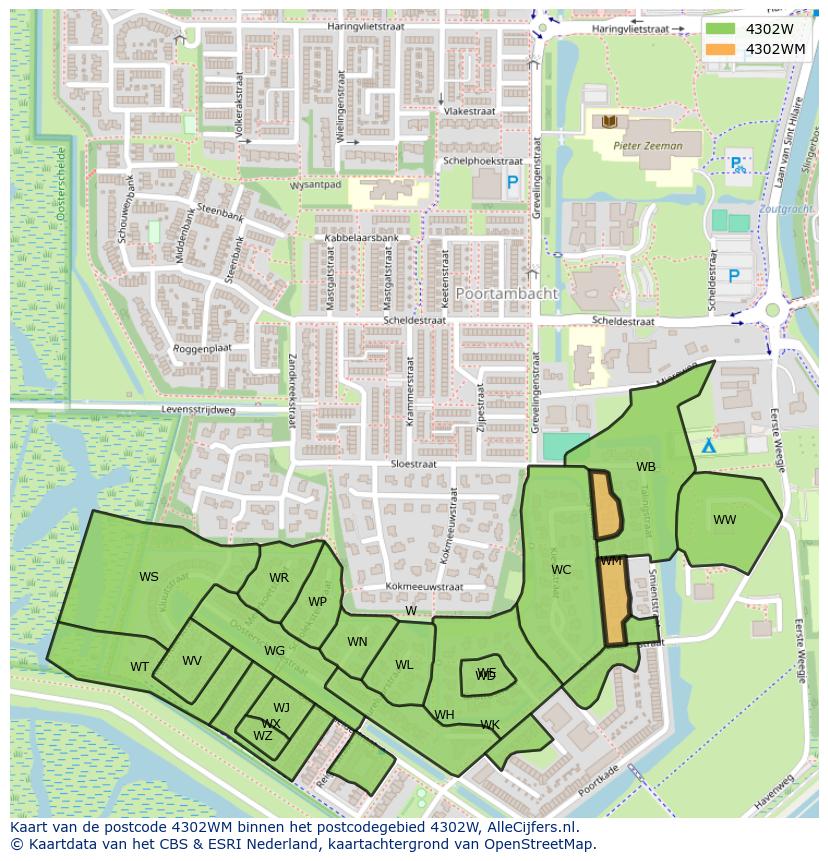 Afbeelding van het postcodegebied 4302 WM op de kaart.