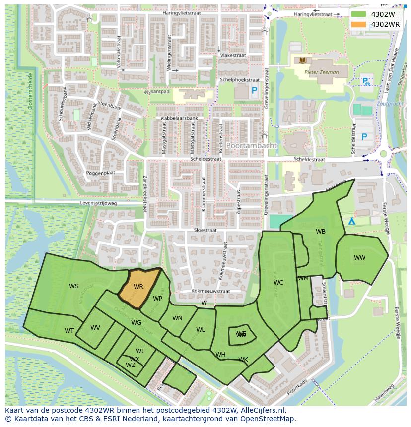 Afbeelding van het postcodegebied 4302 WR op de kaart.