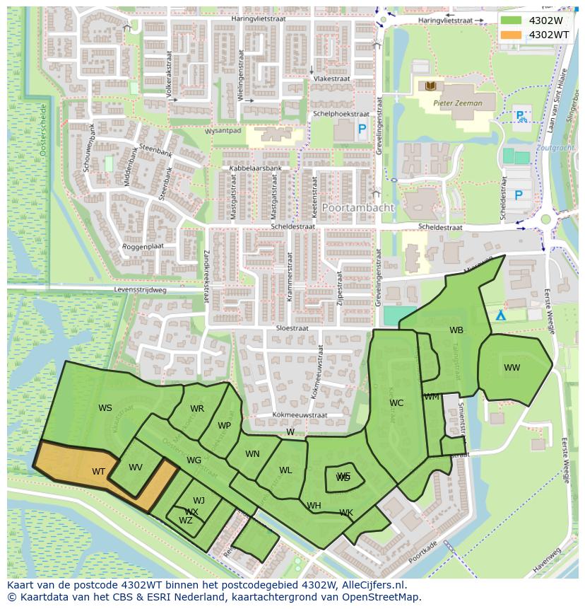 Afbeelding van het postcodegebied 4302 WT op de kaart.