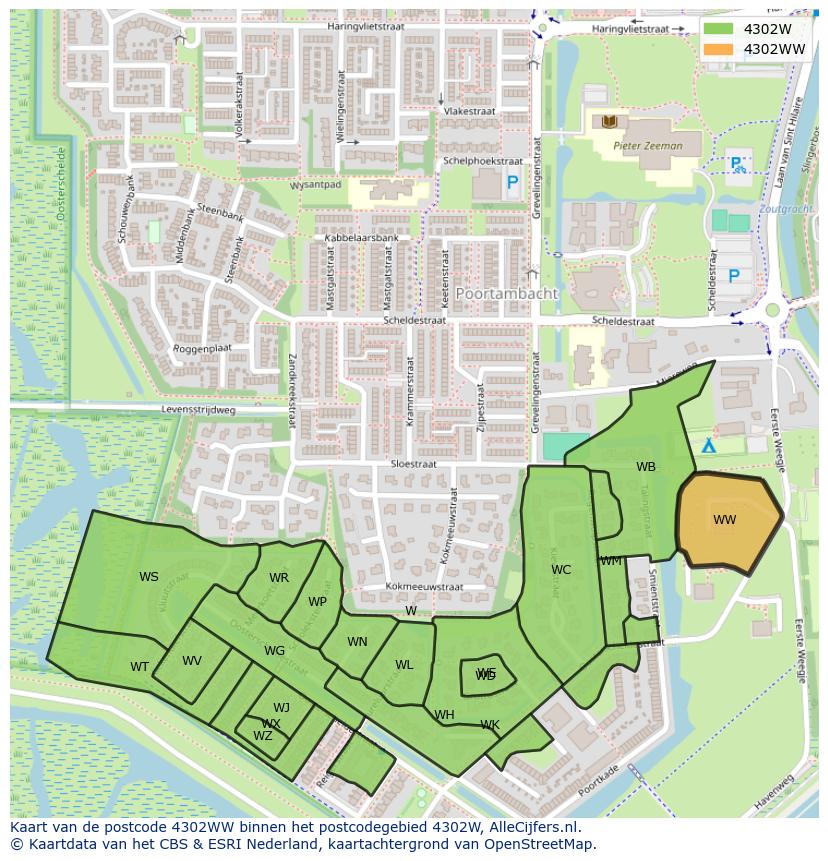 Afbeelding van het postcodegebied 4302 WW op de kaart.