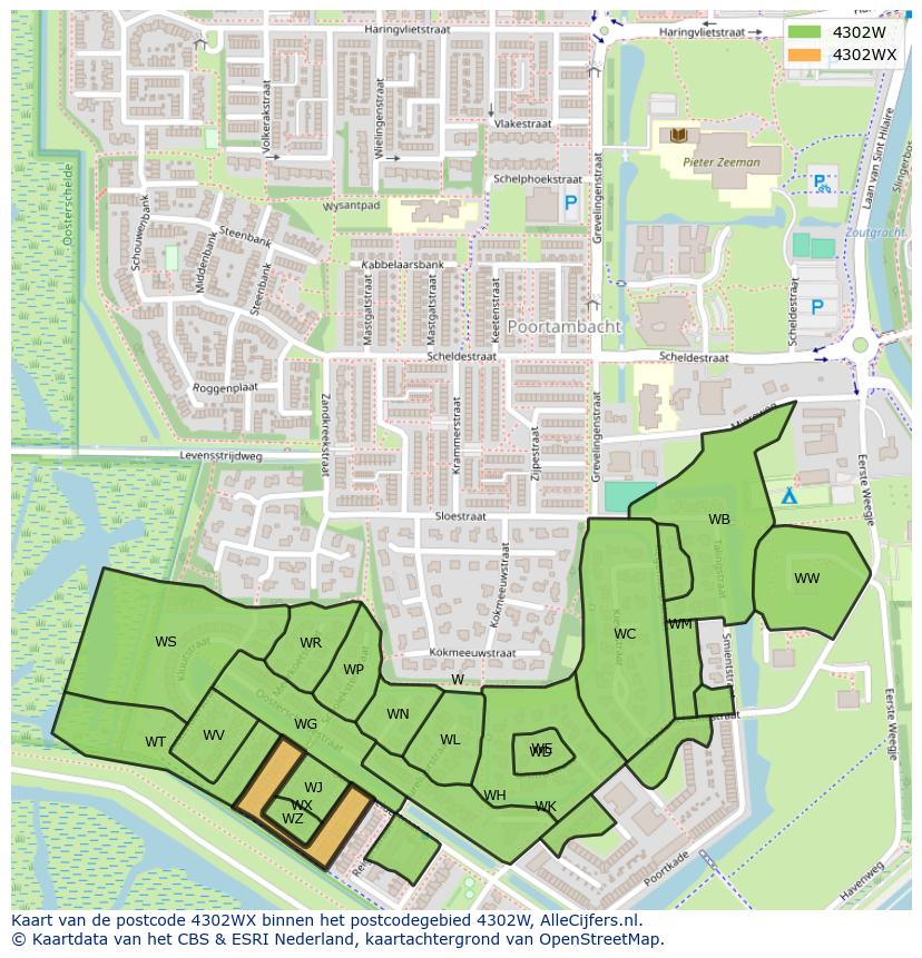 Afbeelding van het postcodegebied 4302 WX op de kaart.