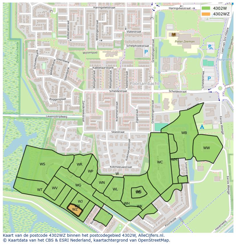Afbeelding van het postcodegebied 4302 WZ op de kaart.