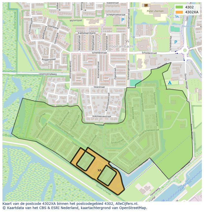 Afbeelding van het postcodegebied 4302 XA op de kaart.