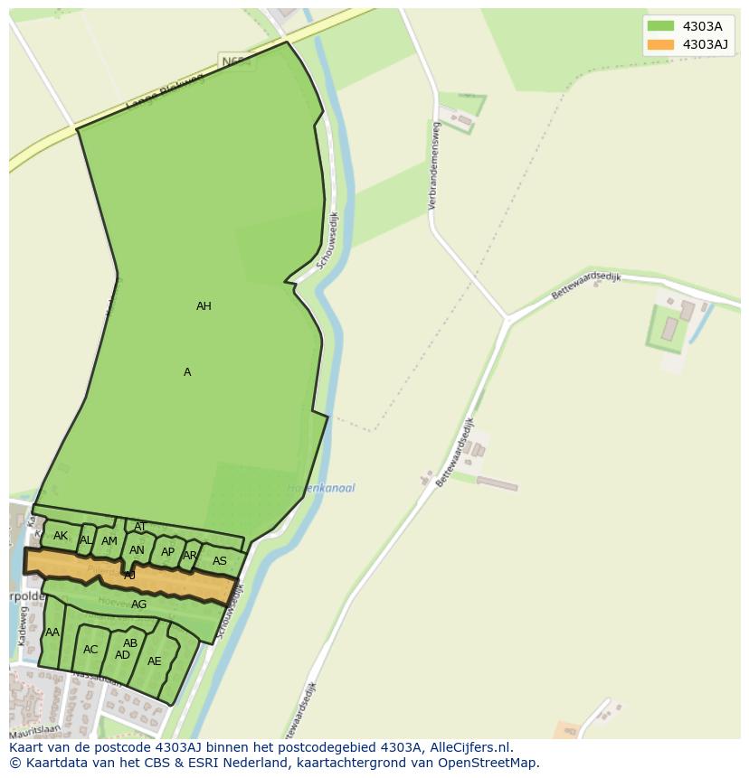 Afbeelding van het postcodegebied 4303 AJ op de kaart.