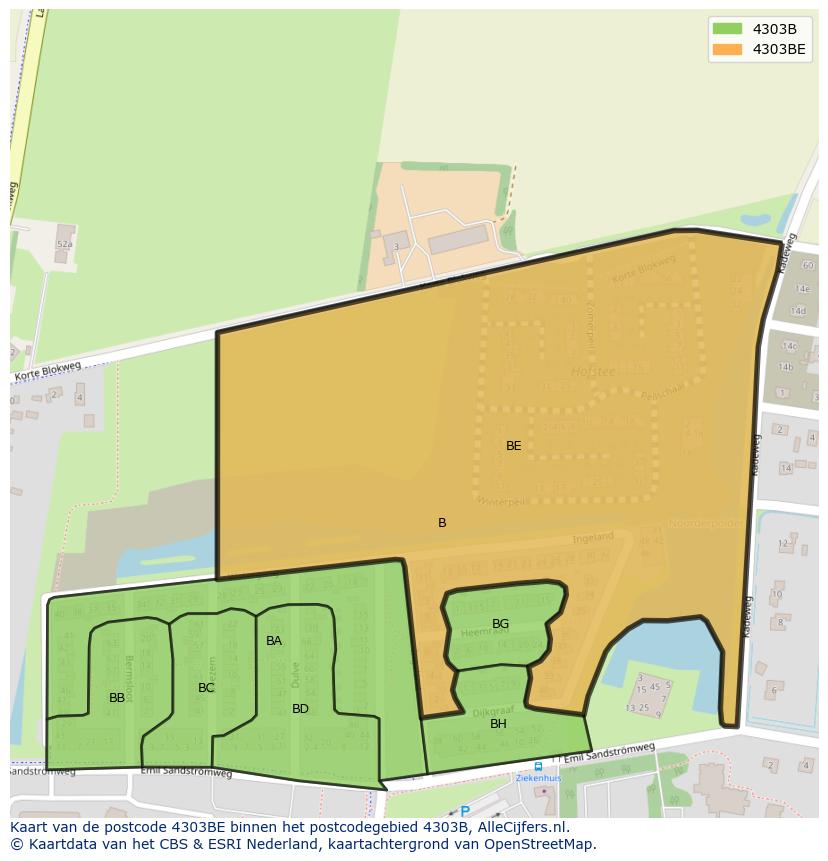 Afbeelding van het postcodegebied 4303 BE op de kaart.