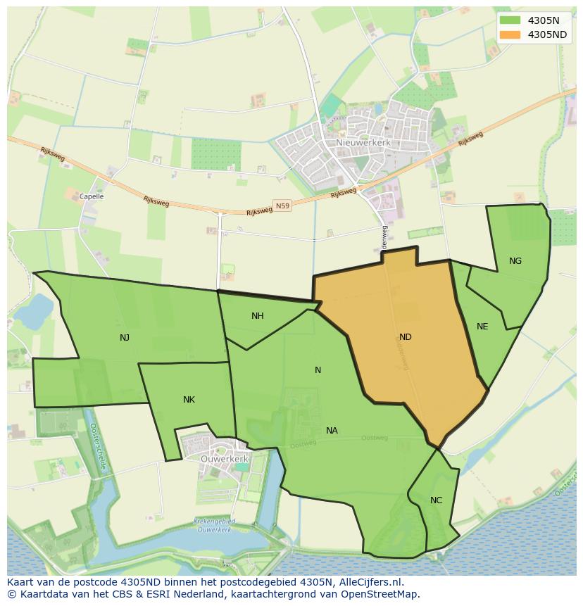 Afbeelding van het postcodegebied 4305 ND op de kaart.