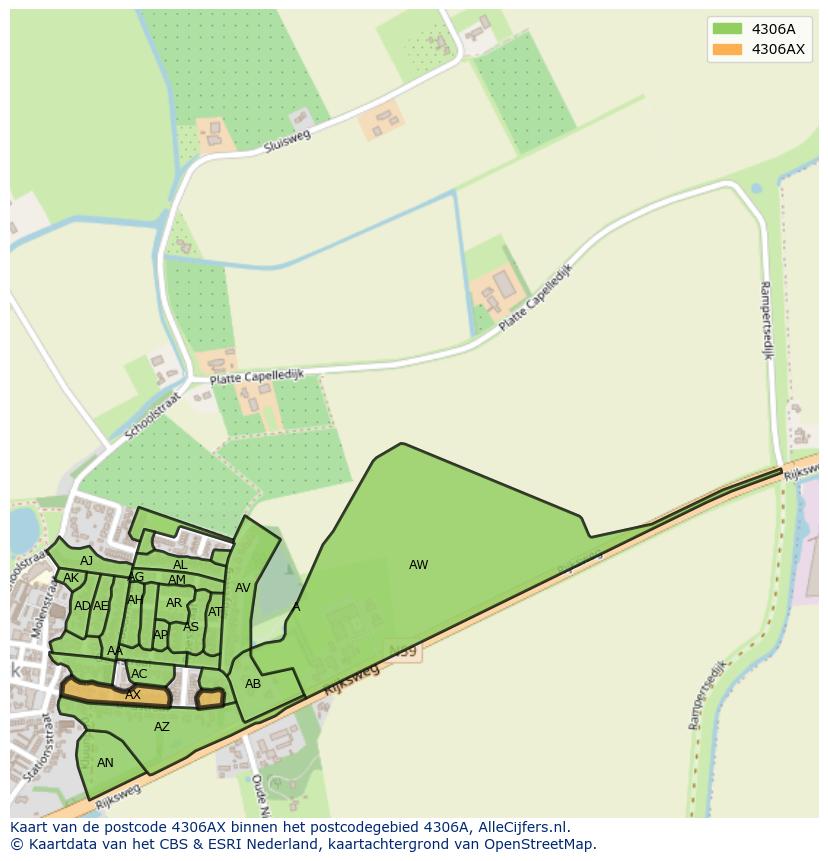 Afbeelding van het postcodegebied 4306 AX op de kaart.