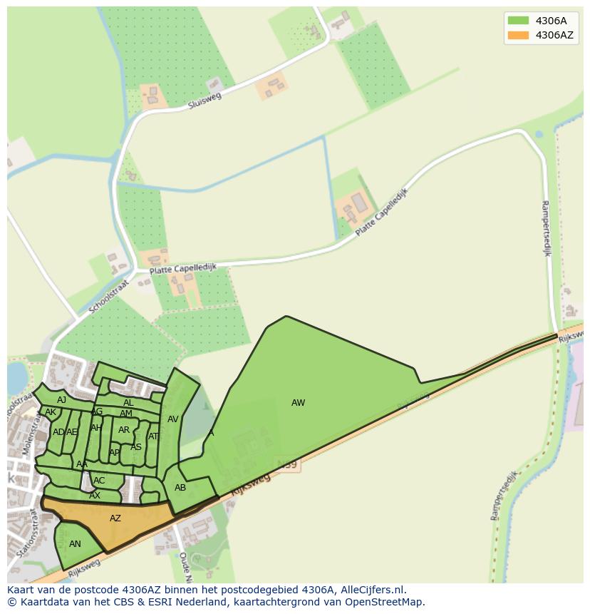 Afbeelding van het postcodegebied 4306 AZ op de kaart.
