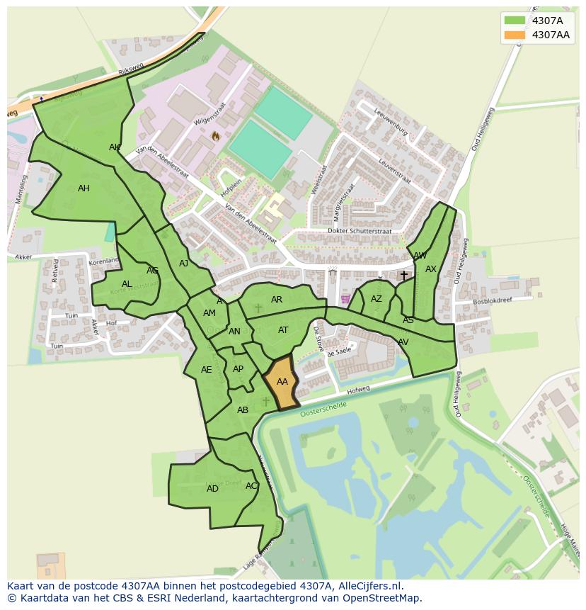 Afbeelding van het postcodegebied 4307 AA op de kaart.