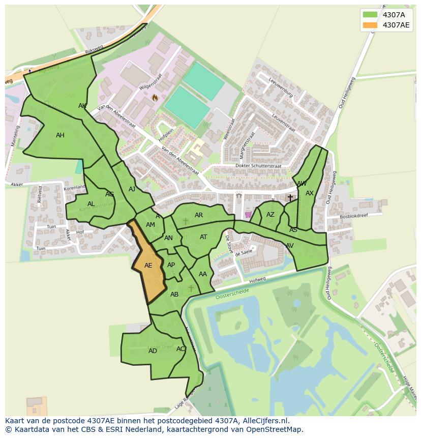 Afbeelding van het postcodegebied 4307 AE op de kaart.