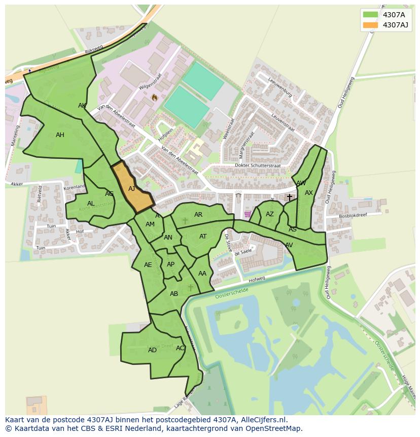 Afbeelding van het postcodegebied 4307 AJ op de kaart.