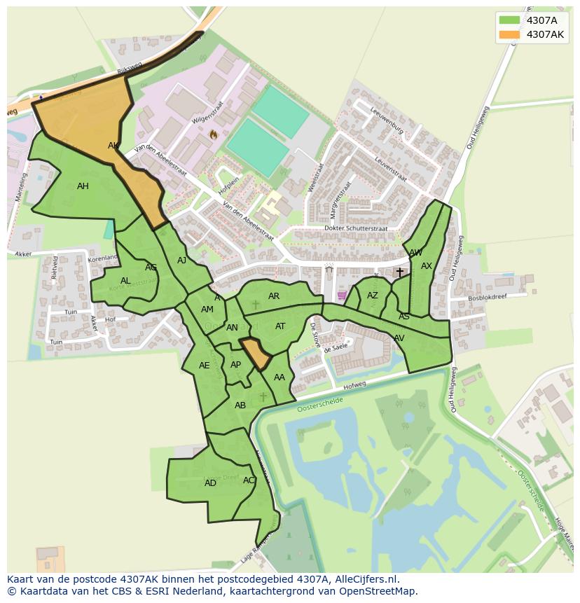 Afbeelding van het postcodegebied 4307 AK op de kaart.