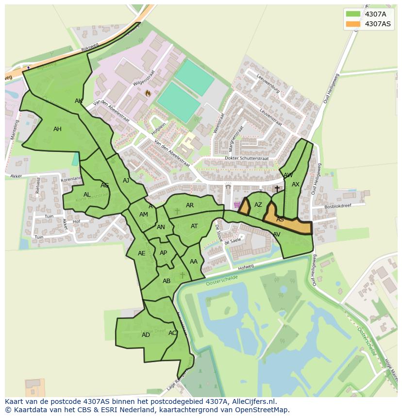 Afbeelding van het postcodegebied 4307 AS op de kaart.