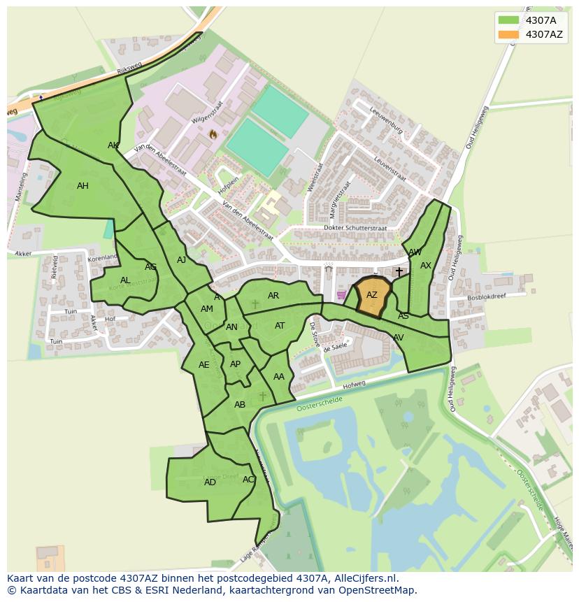 Afbeelding van het postcodegebied 4307 AZ op de kaart.