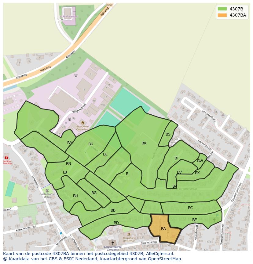 Afbeelding van het postcodegebied 4307 BA op de kaart.