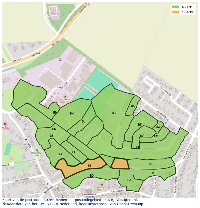 Afbeelding van het postcodegebied 4307 BB op de kaart.